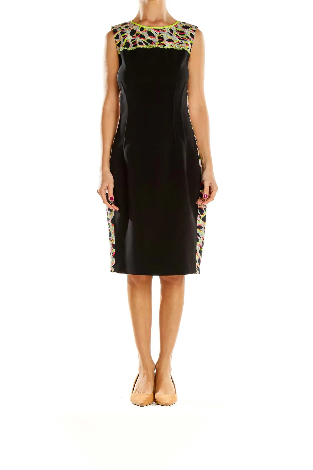 Black Sleeveless Sheath Dress with Colorful Accents