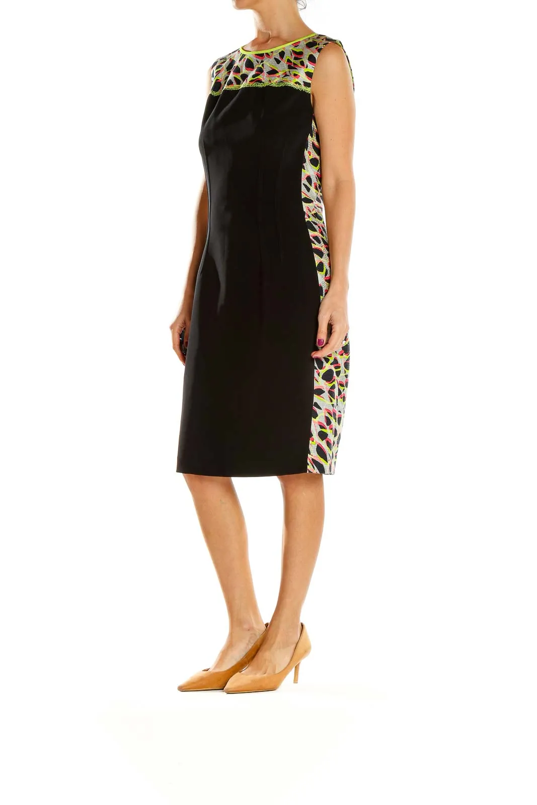 Black Sleeveless Sheath Dress with Colorful Accents
