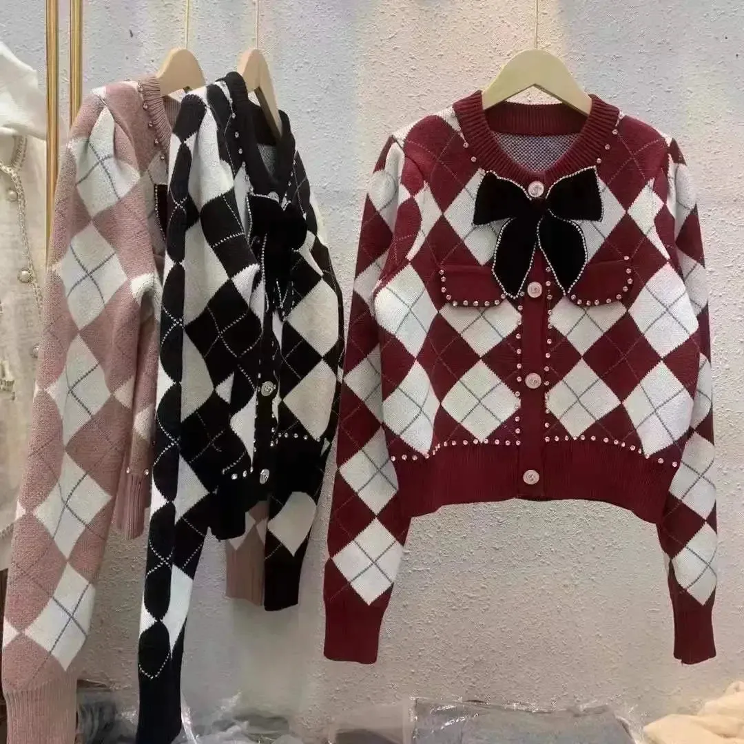 Check Printed Women's Cardigan Bow Knot Sweater - Ailime Designs