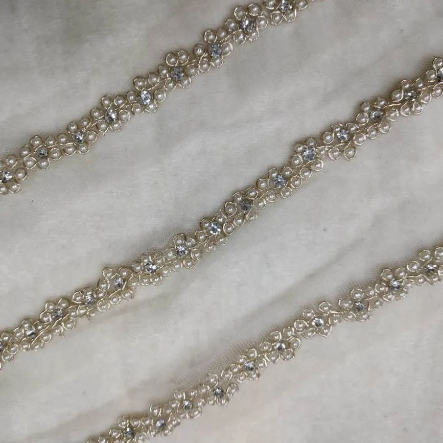 Cream Pearl Work Embellished Handwork Trim (Wholesale)