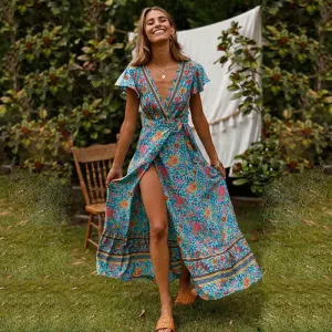 Deep V-neck Short Sleeves Print Split Long Dress
