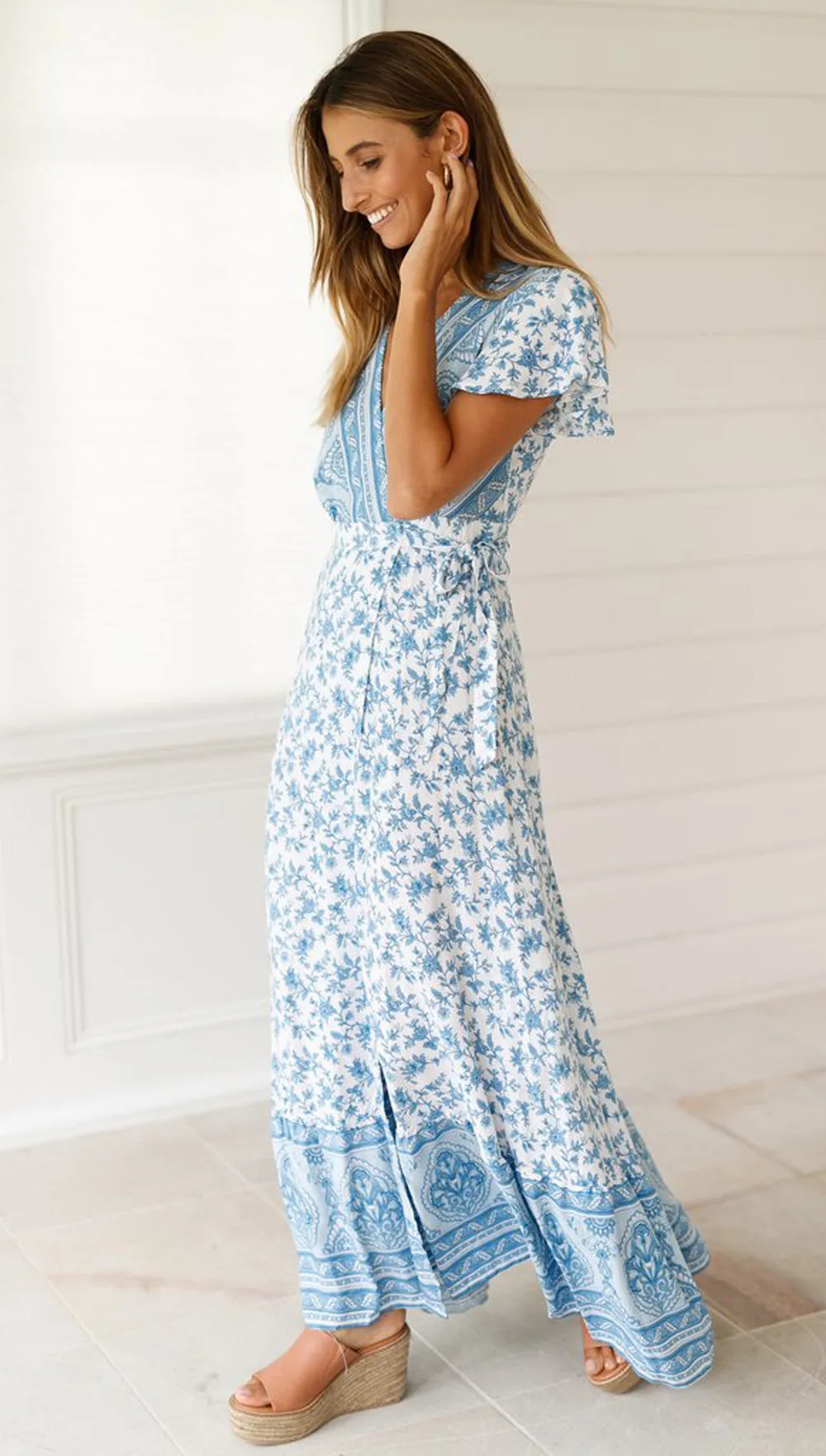 Deep V-neck Short Sleeves Print Split Long Dress