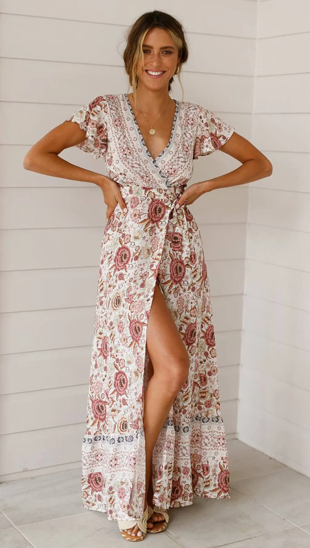 Deep V-neck Short Sleeves Print Split Long Dress