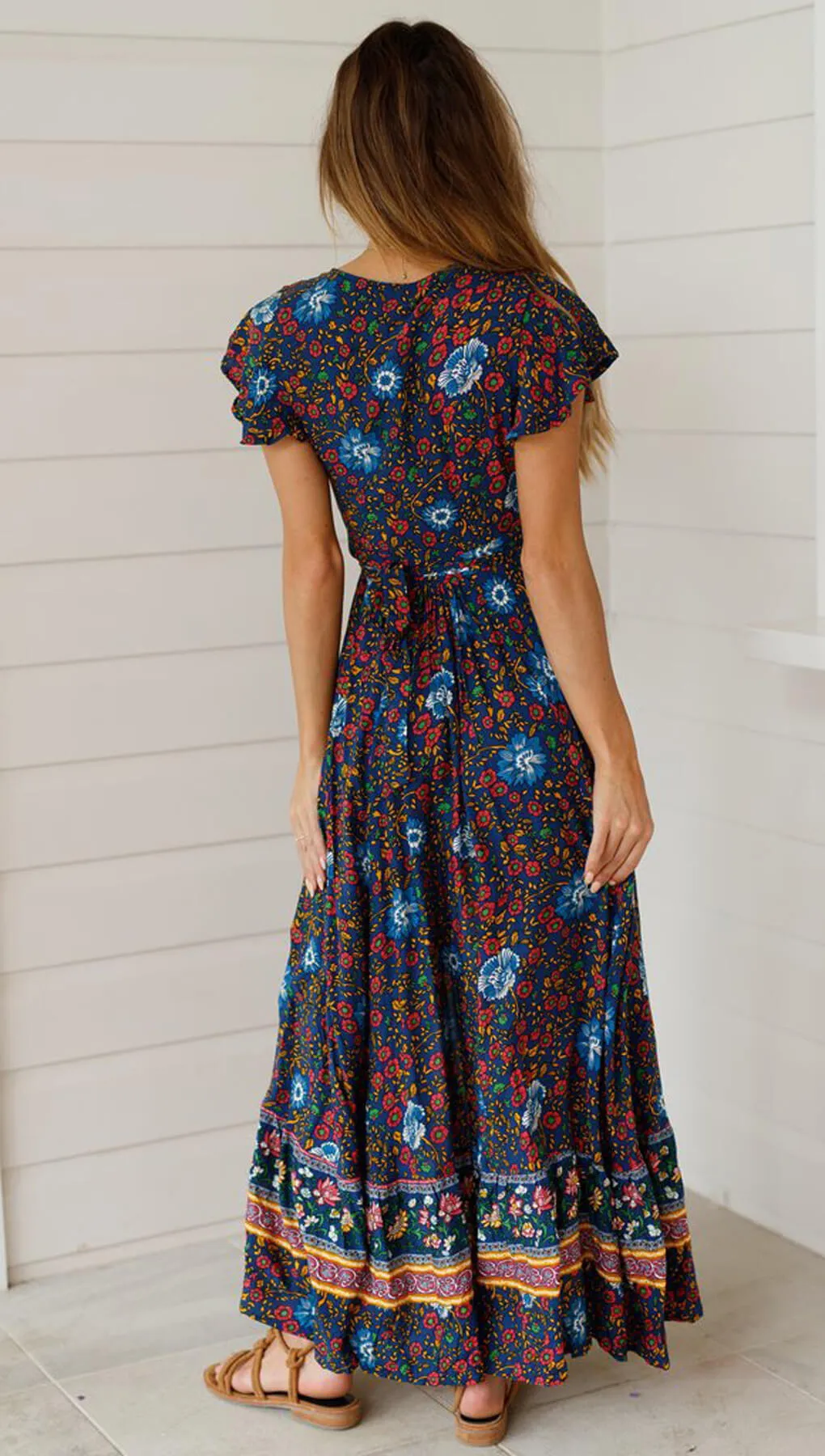 Deep V-neck Short Sleeves Print Split Long Dress
