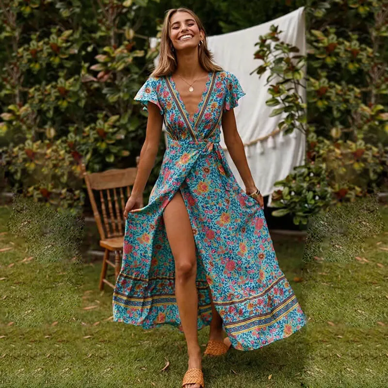 Deep V-neck Short Sleeves Print Split Long Dress