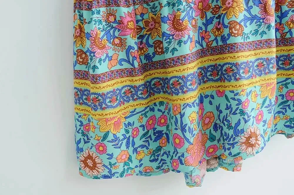 Deep V-neck Short Sleeves Print Split Long Dress
