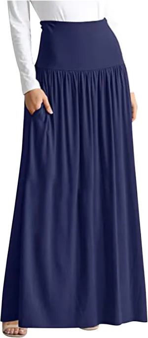 Dressy Casual Ankle Length Skirts for Women High Waist Pleated Maxi Skirt Elegant Business Work Skirt with Pocket