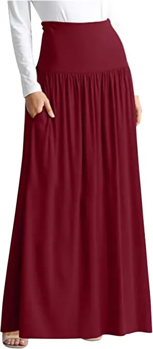 Dressy Casual Ankle Length Skirts for Women High Waist Pleated Maxi Skirt Elegant Business Work Skirt with Pocket