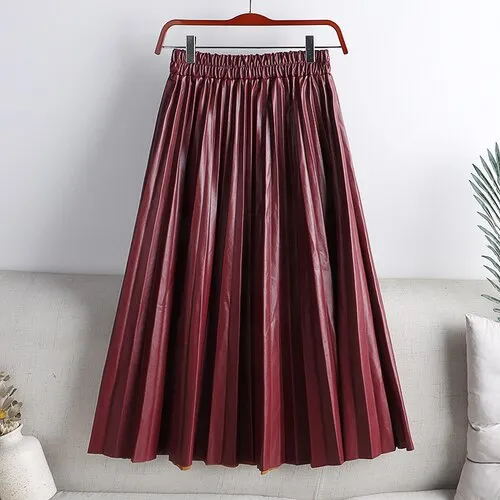 Elegant Umbrella Midi Skirt Faux PU Leather Pleated Skirts