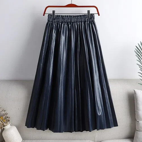 Elegant Umbrella Midi Skirt Faux PU Leather Pleated Skirts