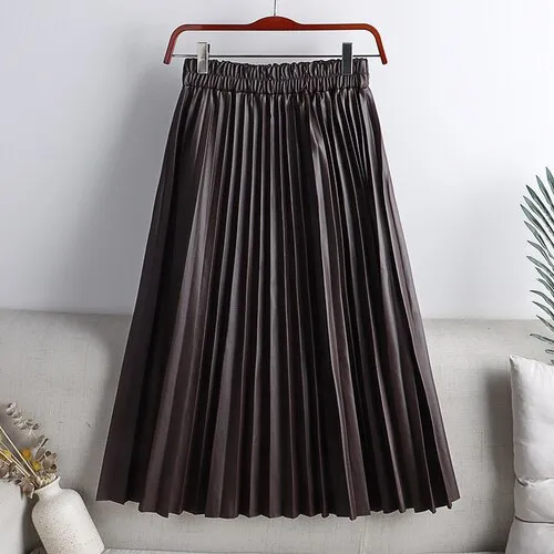 Elegant Umbrella Midi Skirt Faux PU Leather Pleated Skirts