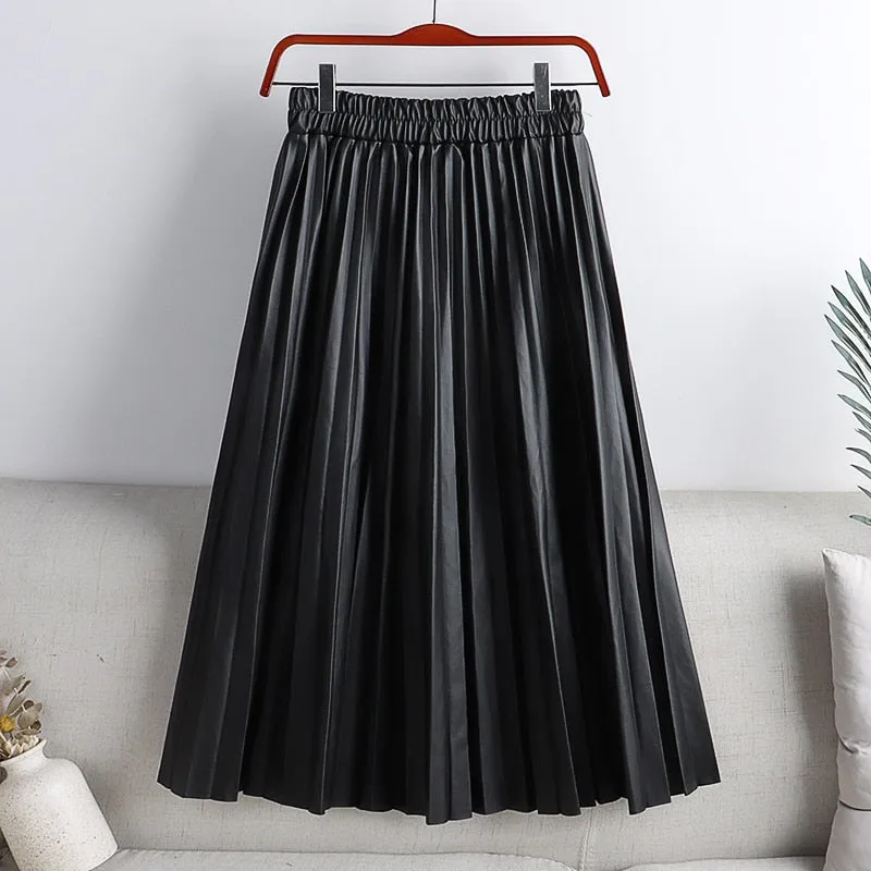 Elegant Umbrella Midi Skirt Faux PU Leather Pleated Skirts