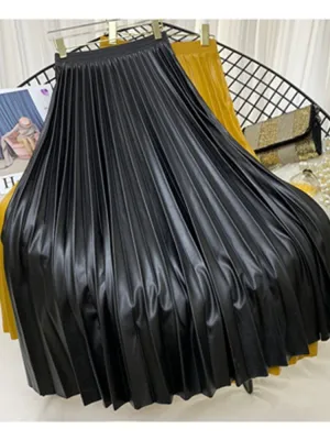 Elegant Umbrella Midi Skirt Faux PU Leather Pleated Skirts