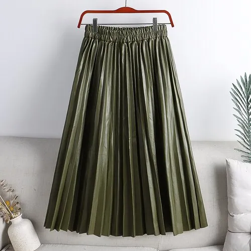 Elegant Umbrella Midi Skirt Faux PU Leather Pleated Skirts