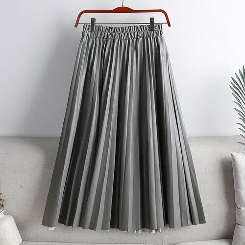 Elegant Umbrella Midi Skirt Faux PU Leather Pleated Skirts