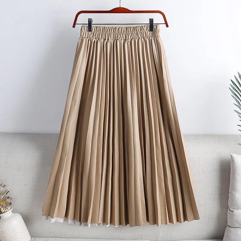 Elegant Umbrella Midi Skirt Faux PU Leather Pleated Skirts