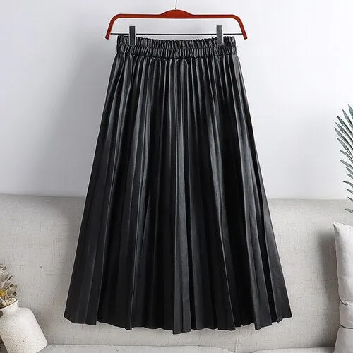 Elegant Umbrella Midi Skirt Faux PU Leather Pleated Skirts