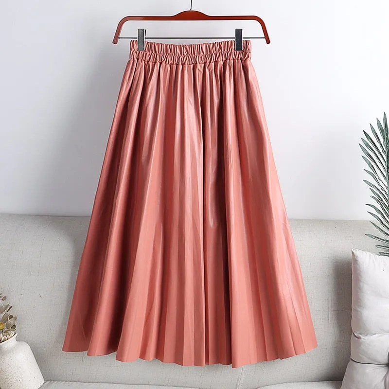 Elegant Umbrella Midi Skirt Faux PU Leather Pleated Skirts