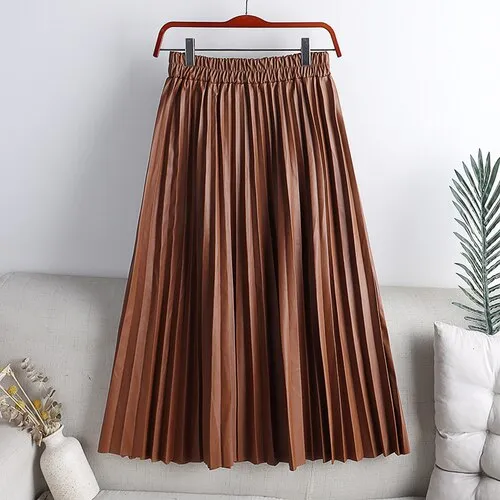 Elegant Umbrella Midi Skirt Faux PU Leather Pleated Skirts