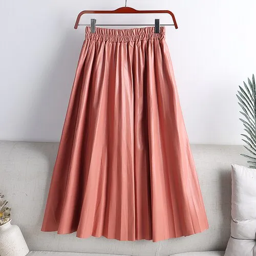 Elegant Umbrella Midi Skirt Faux PU Leather Pleated Skirts