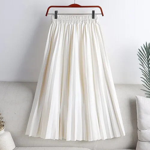 Elegant Umbrella Midi Skirt Faux PU Leather Pleated Skirts