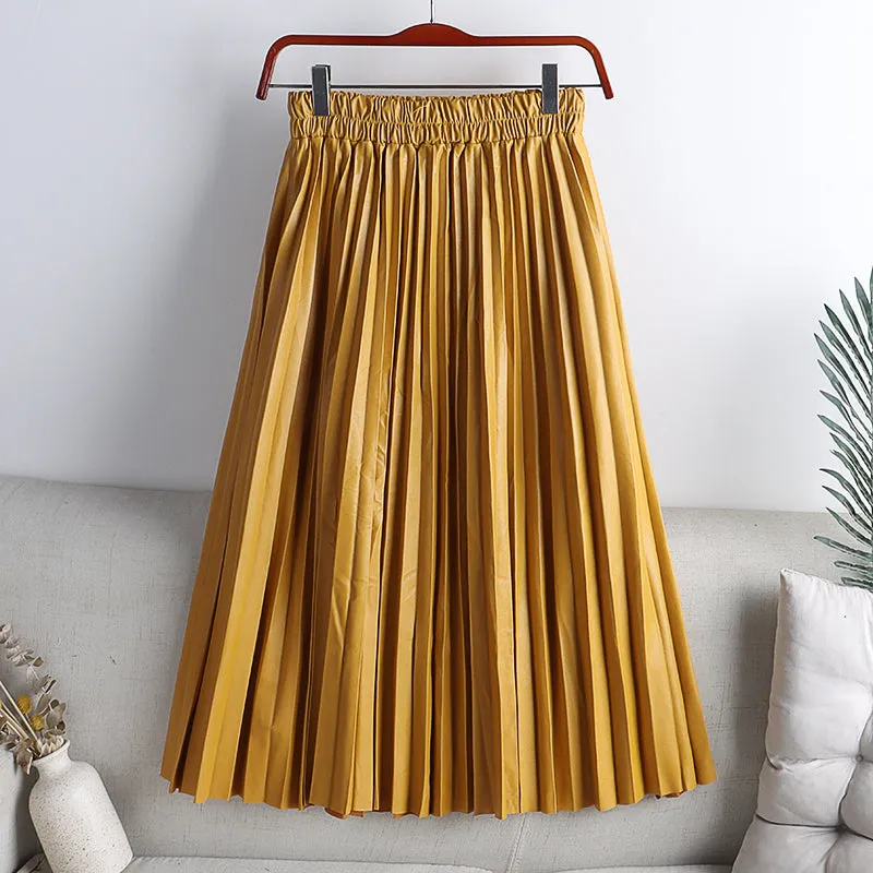 Elegant Umbrella Midi Skirt Faux PU Leather Pleated Skirts