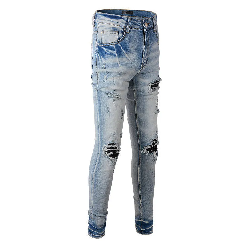 High Street Fashion Brand Light Blue Hole & Patch Stretch Slim Fit Skinny Jeans For Men