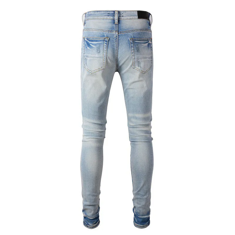 High Street Fashion Brand Light Blue Hole & Patch Stretch Slim Fit Skinny Jeans For Men