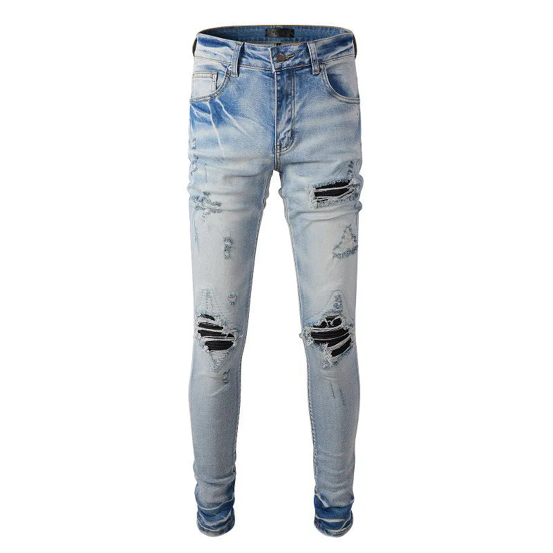 High Street Fashion Brand Light Blue Hole & Patch Stretch Slim Fit Skinny Jeans For Men