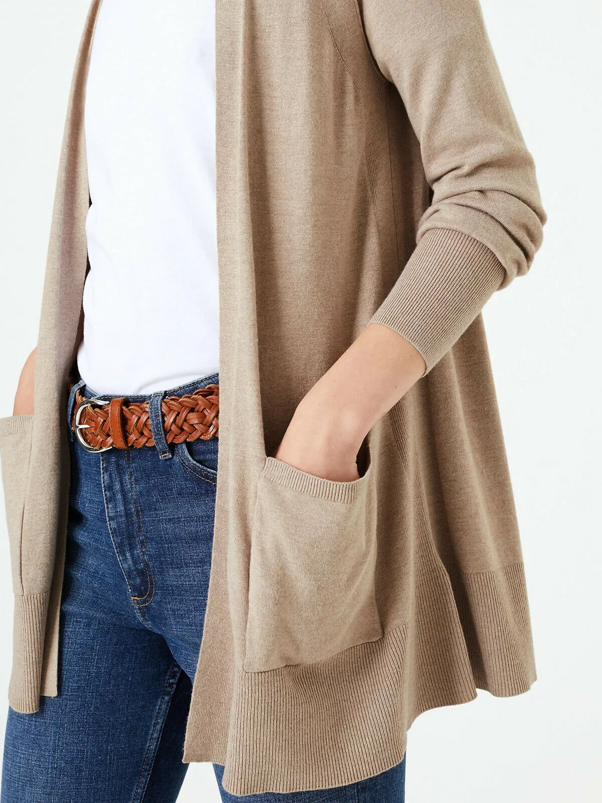 Ladies Beige Open Front Patch Pocket Longline Cardigan