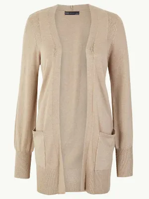 Ladies Beige Open Front Patch Pocket Longline Cardigan