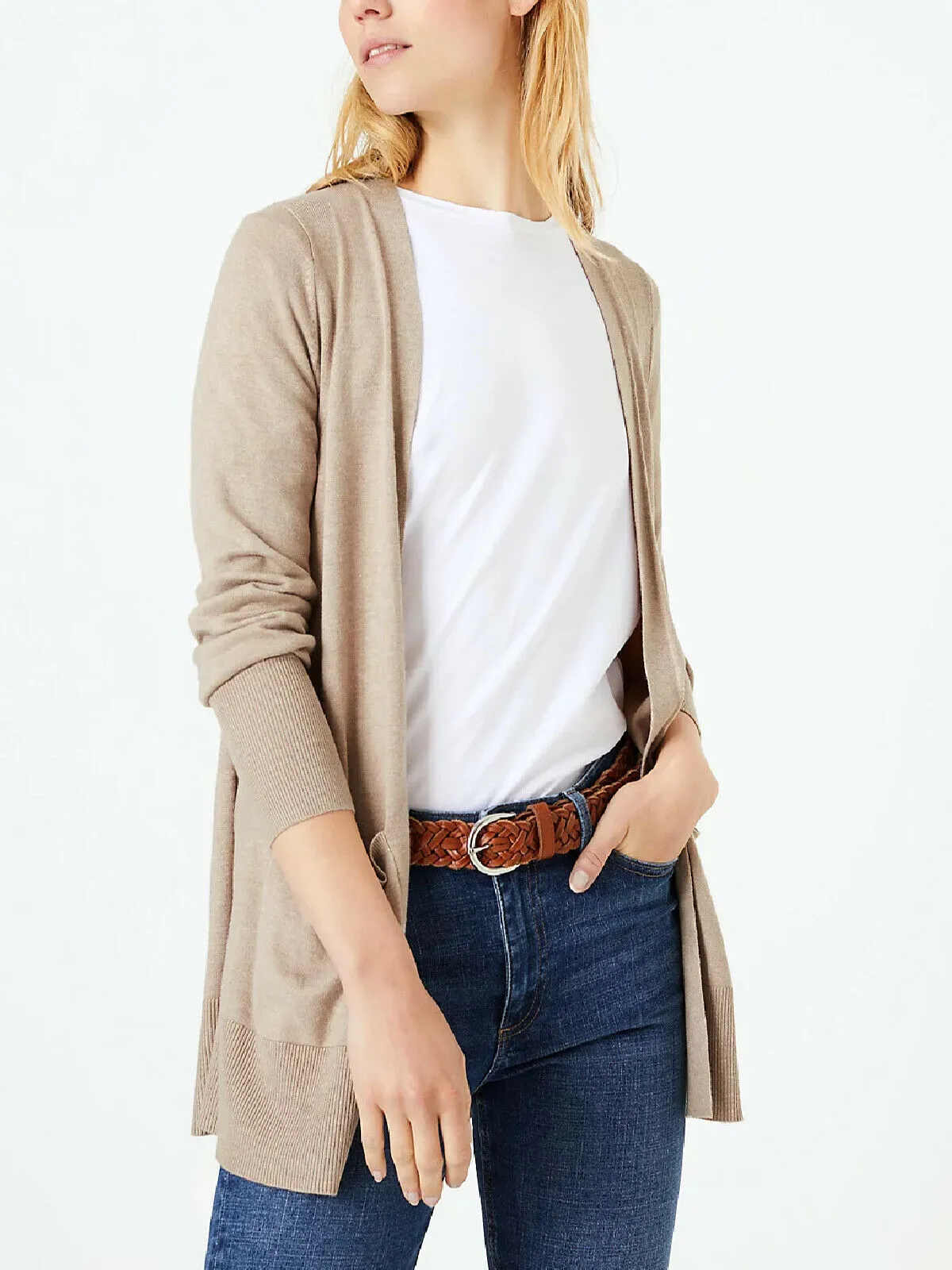 Ladies Beige Open Front Patch Pocket Longline Cardigan