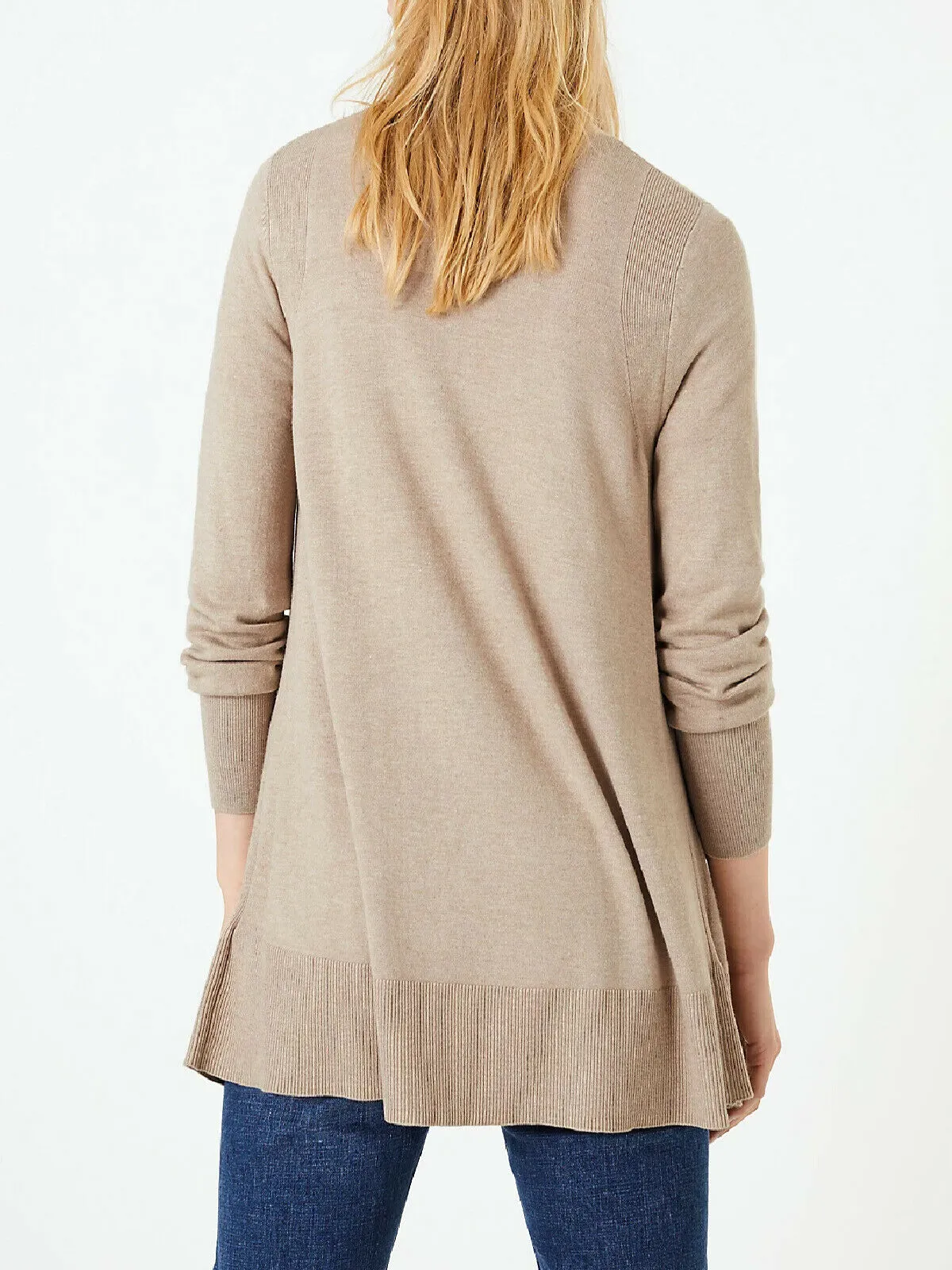 Ladies Beige Open Front Patch Pocket Longline Cardigan