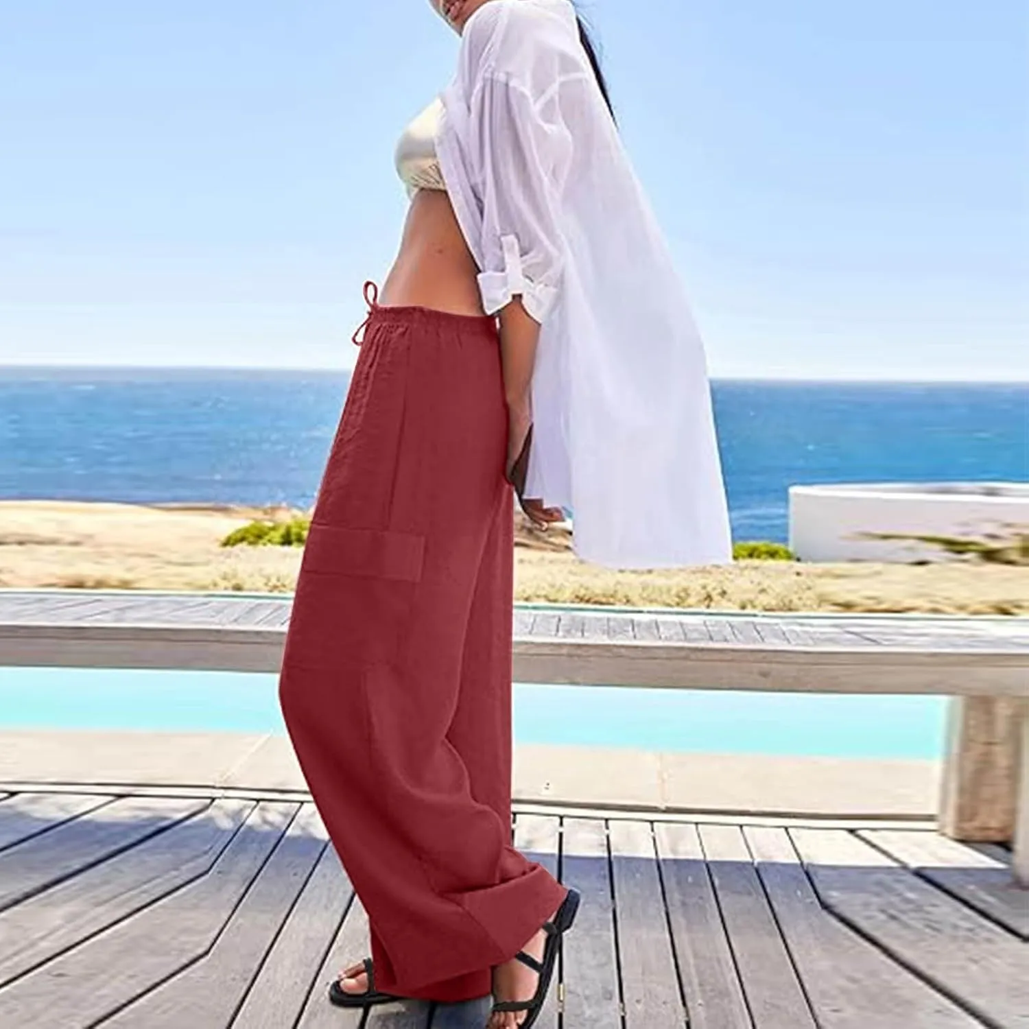 Linen Cargo Pants Women Lightweight Business Casual Summer Pants Comfy Cotton Work Trousers Baggy Slacks with Pockets