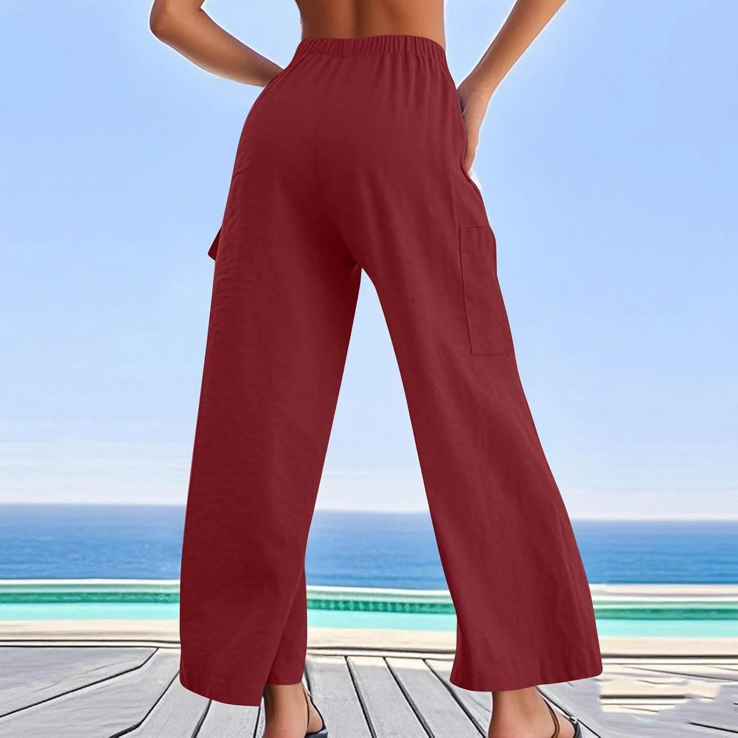 Linen Cargo Pants Women Lightweight Business Casual Summer Pants Comfy Cotton Work Trousers Baggy Slacks with Pockets