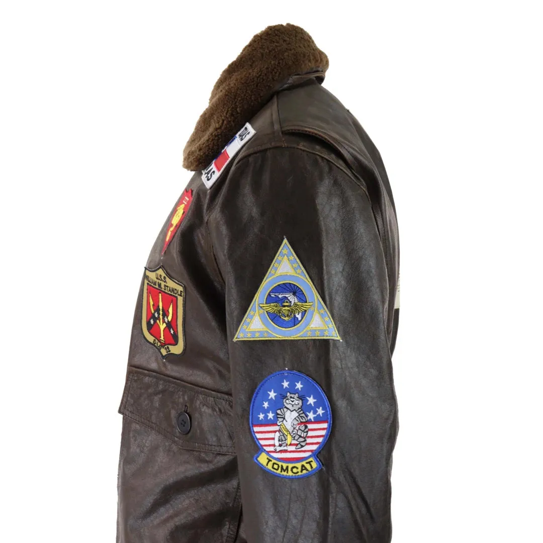 Men's Brown Aviator Top Gun Jacket Classic Washed Fur Collar Pilot Bomber