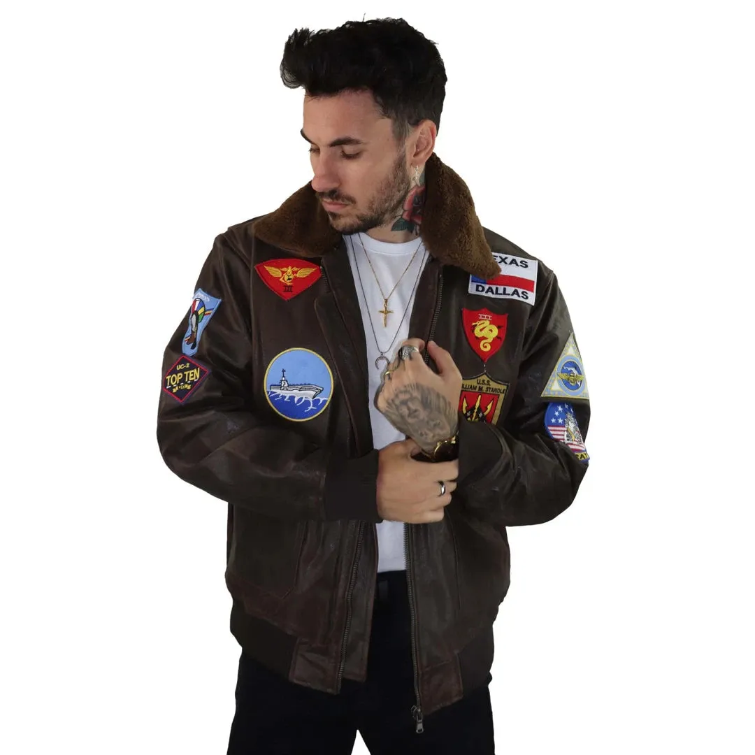 Men's Brown Aviator Top Gun Jacket Classic Washed Fur Collar Pilot Bomber
