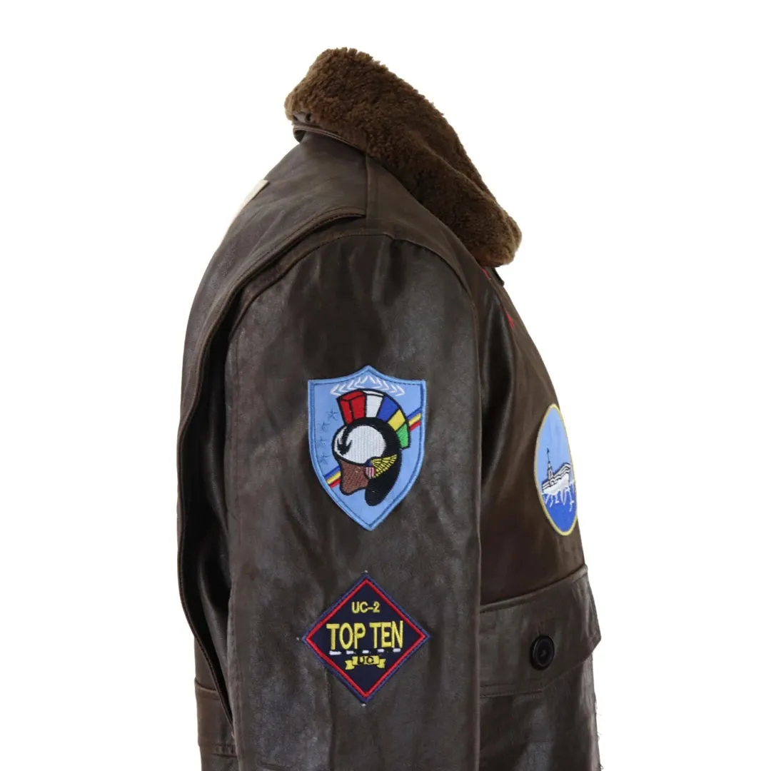 Men's Brown Aviator Top Gun Jacket Classic Washed Fur Collar Pilot Bomber