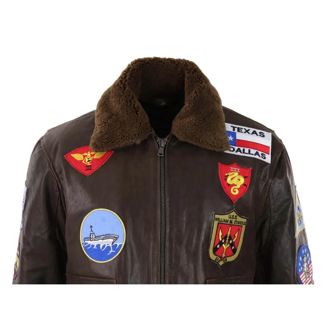 Men's Brown Aviator Top Gun Jacket Classic Washed Fur Collar Pilot Bomber