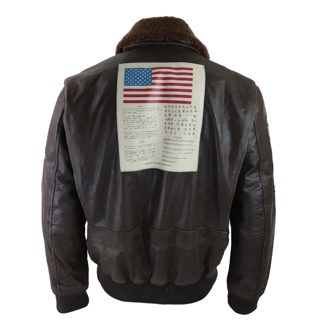 Men's Brown Aviator Top Gun Jacket Classic Washed Fur Collar Pilot Bomber