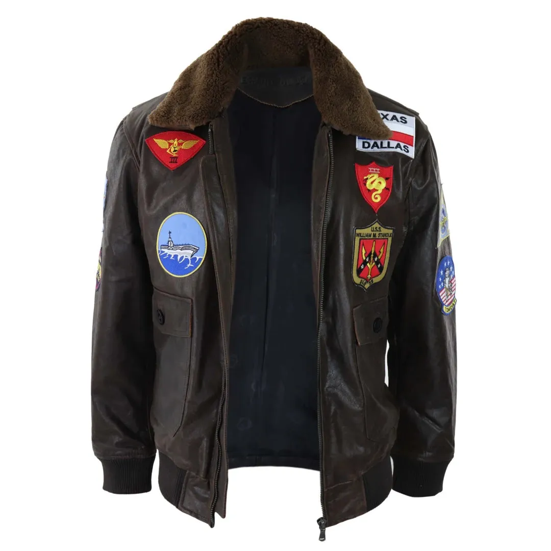 Men's Brown Aviator Top Gun Jacket Classic Washed Fur Collar Pilot Bomber