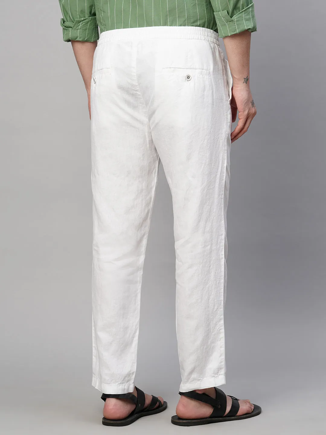 Men's White 100% Linen Regular Fit Pant