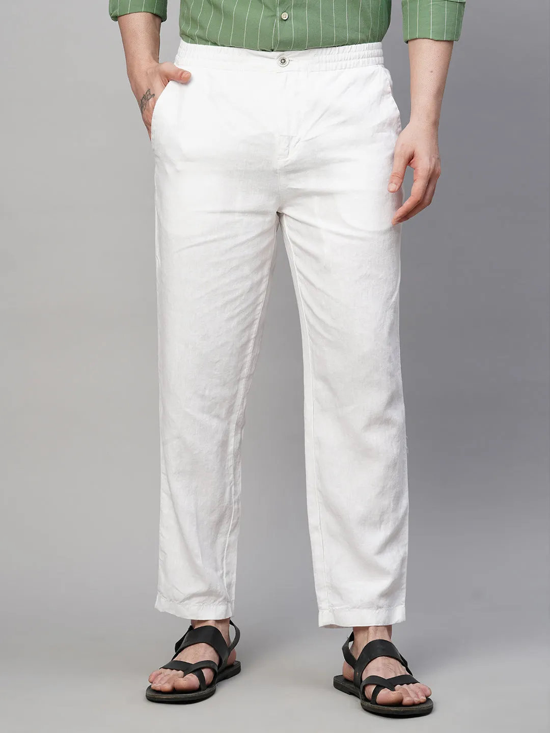 Men's White 100% Linen Regular Fit Pant