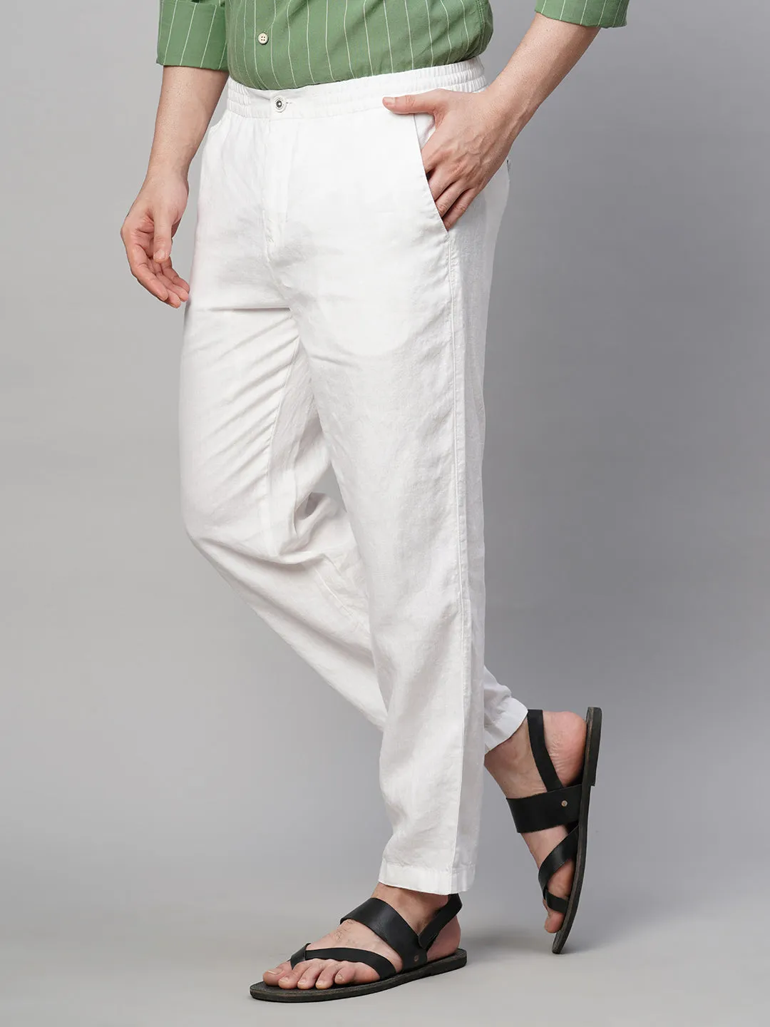 Men's White 100% Linen Regular Fit Pant