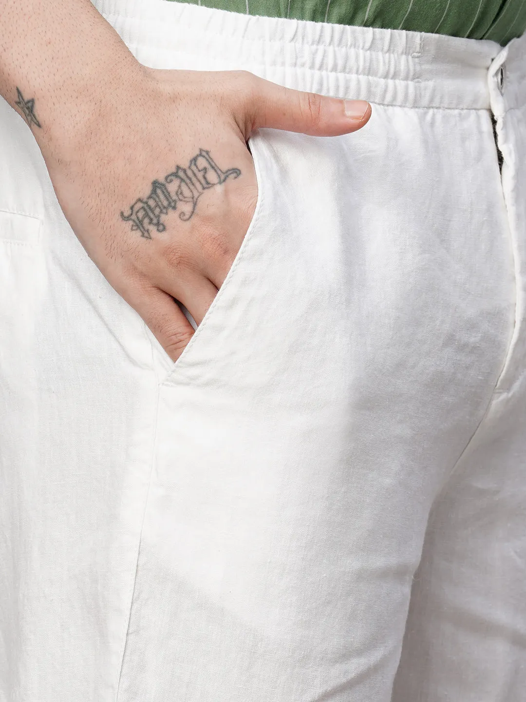 Men's White 100% Linen Regular Fit Pant