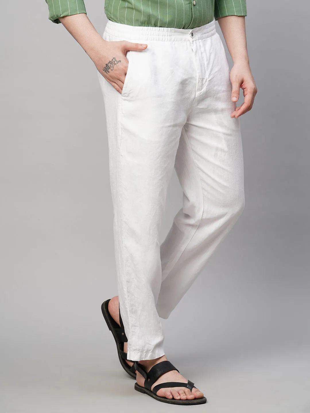 Men's White 100% Linen Regular Fit Pant