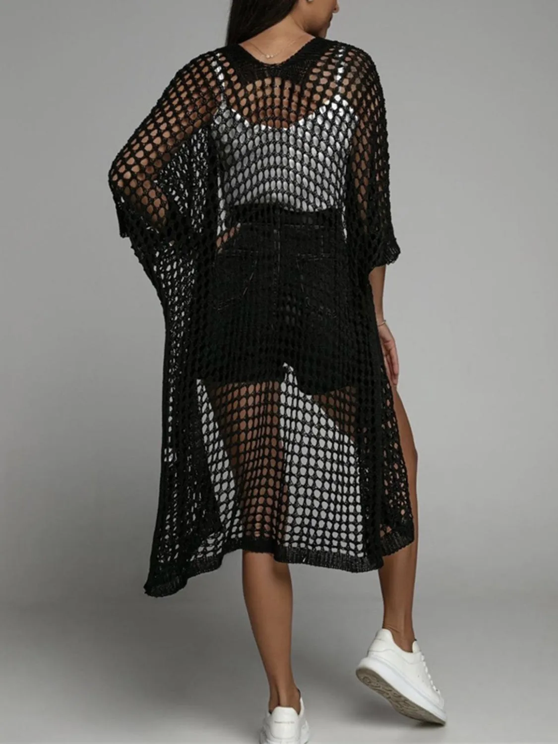 Openwork Open Front Three-Quarter Sleeve Cover Up | Casual Fashion
