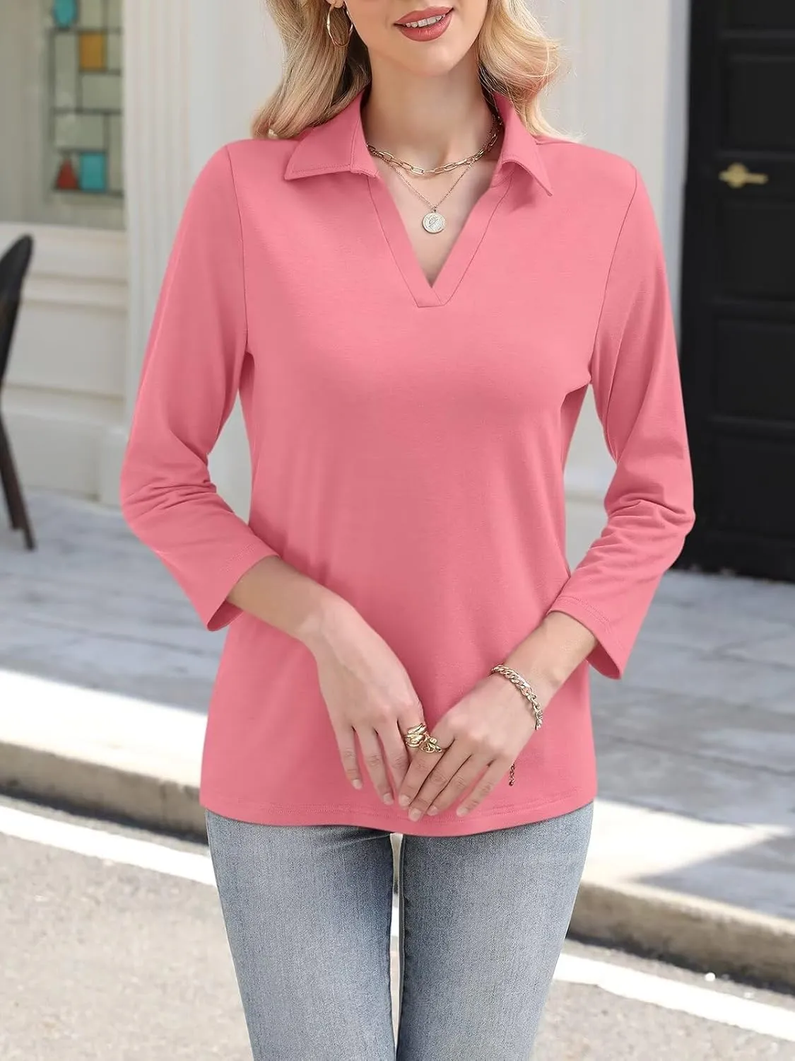 ORANDESIGNE Women's 3/4 Sleeves V Neck Polo Shirts Casual Summer Tops Basic Collar Cute Tees