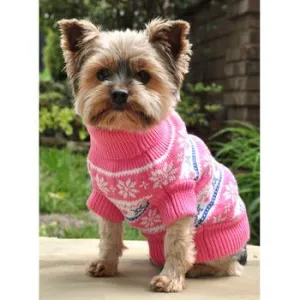 Pink Combed Cotton Snowflake and Hearts Dog Sweater