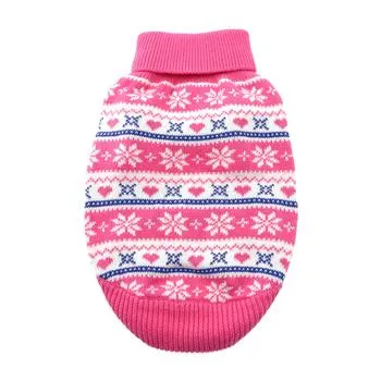 Pink Combed Cotton Snowflake and Hearts Dog Sweater